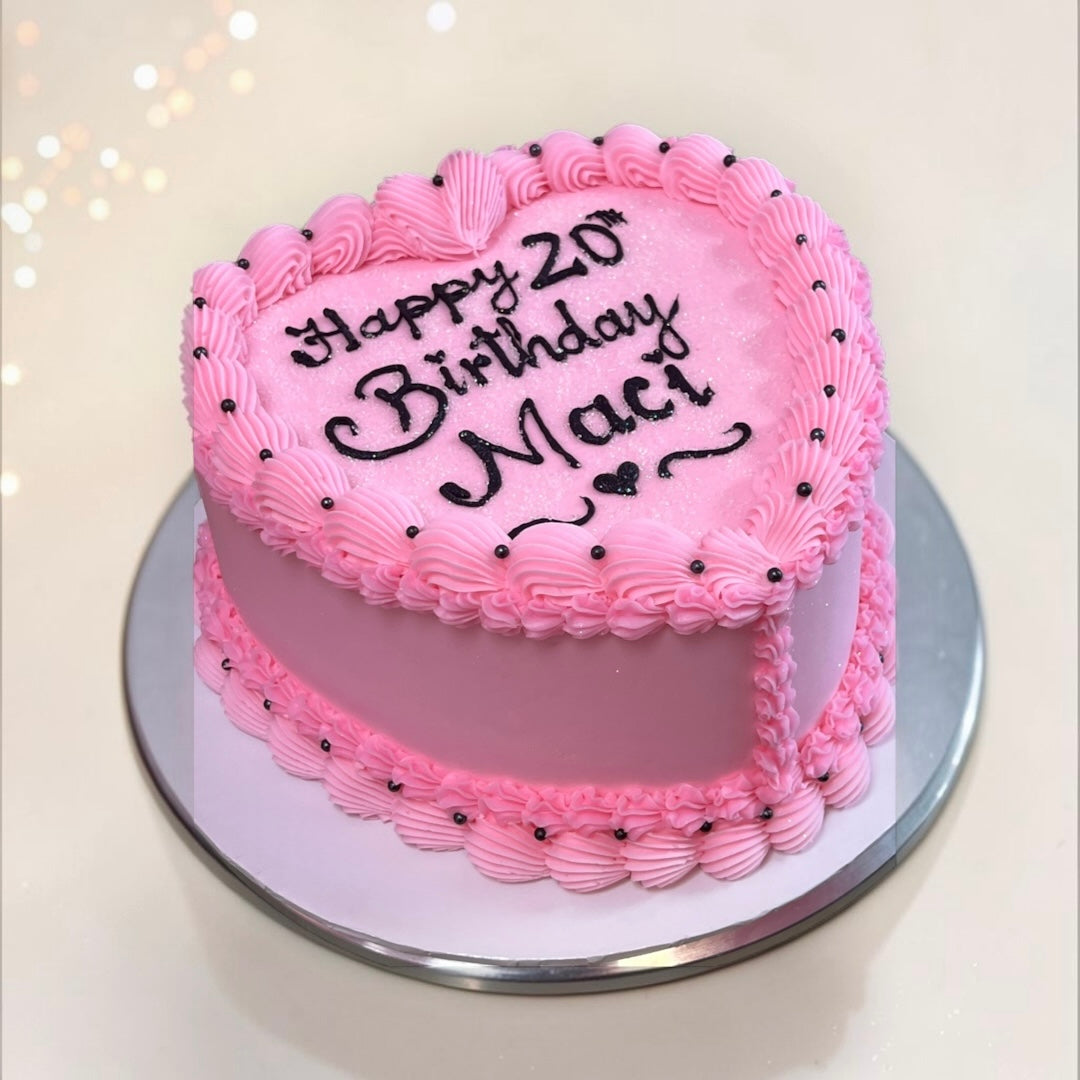 All Pink with Black writing Heart shaped cake
