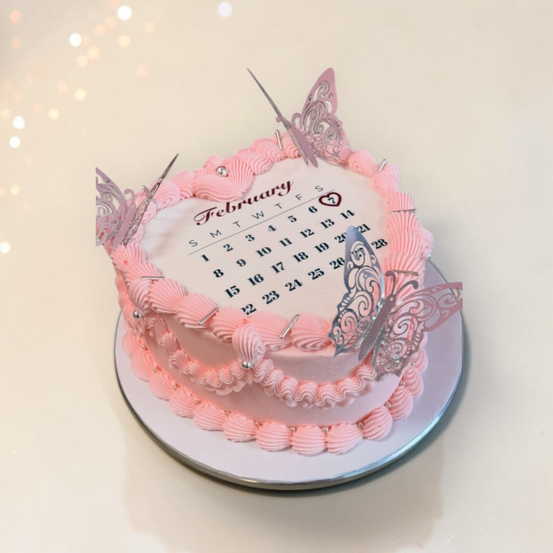 Calendar B-day cake with Silver Butterflies